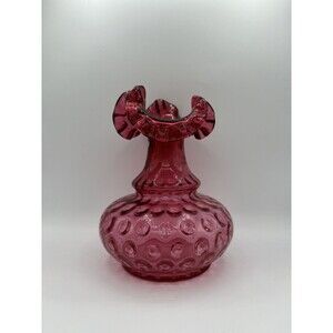 Fenton Cranberry Ruffle Rim Thumbprint  Vase 6”